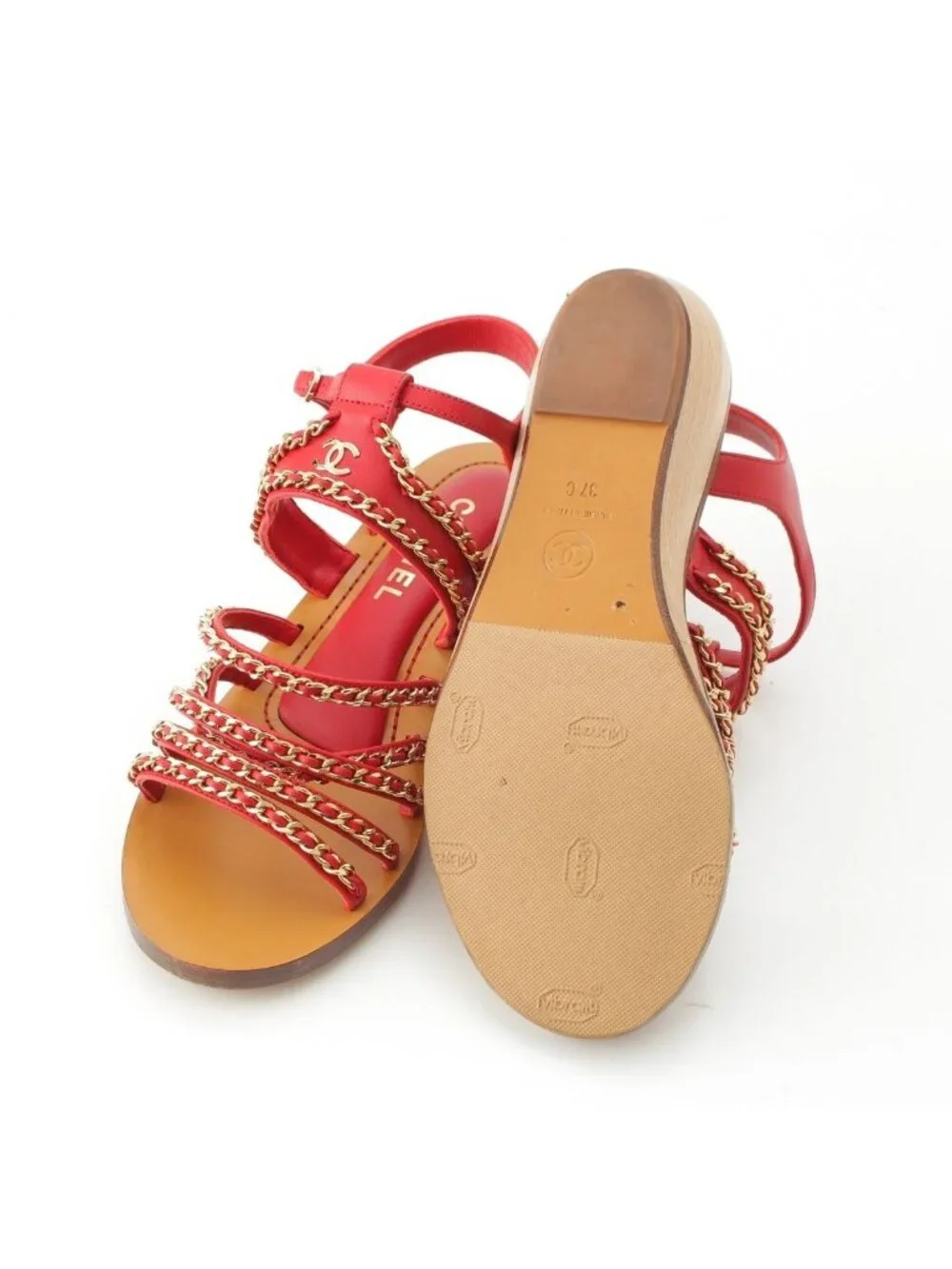 Chanel Leather Wood Chain Thick Sole Platform Sandals Red
